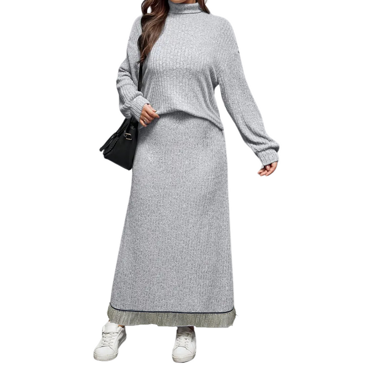 Knitted Stand Collar Long Sleeve Top with Skirt Set