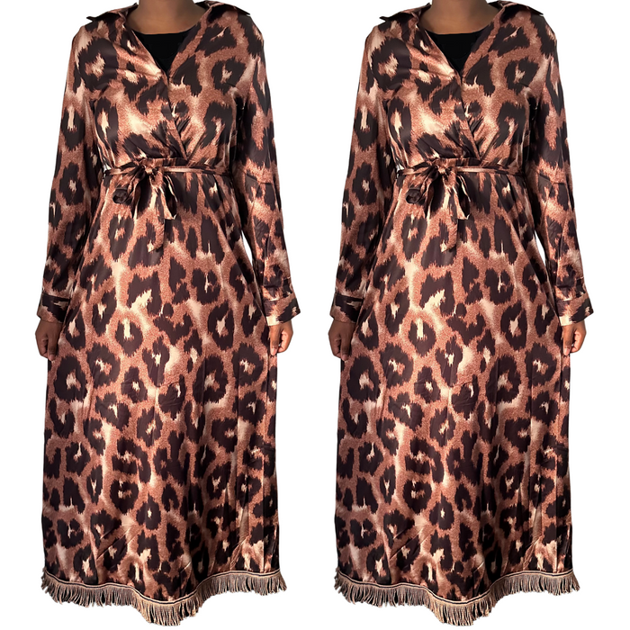 Wrap Collared Animal Print Maxi PreFringed Dress