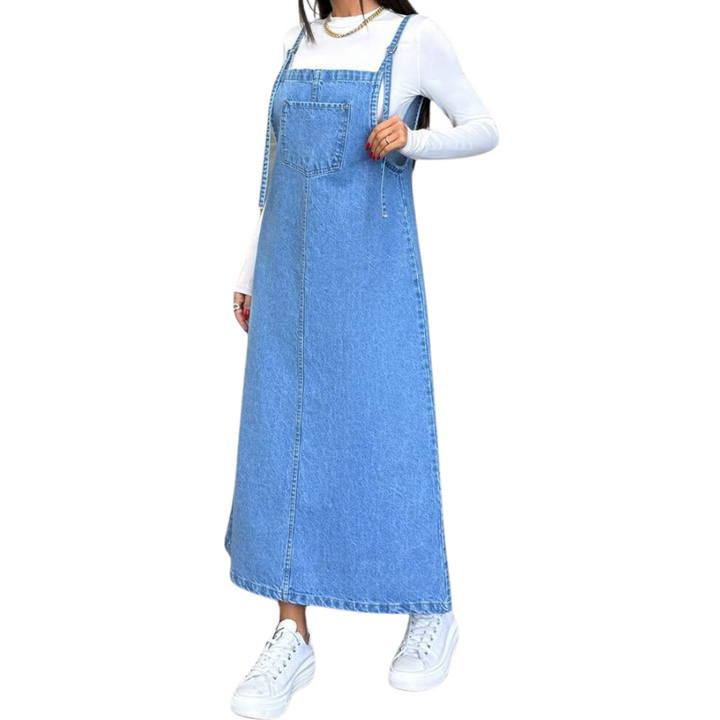 100% Cotton Denim Maxi Pinafore Dress