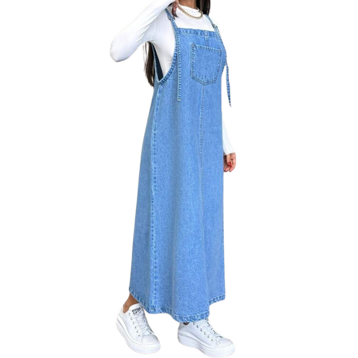 100% Cotton Denim Maxi Pinafore Dress