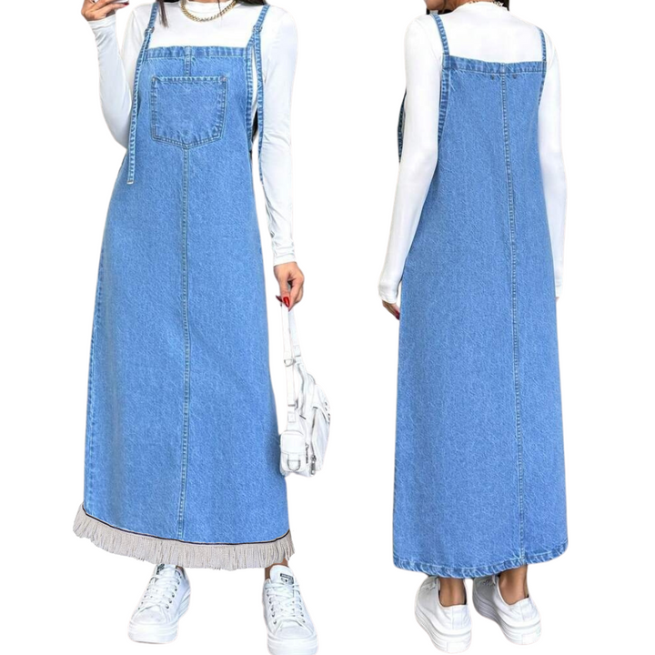 100% Cotton Denim Maxi Pinafore Dress