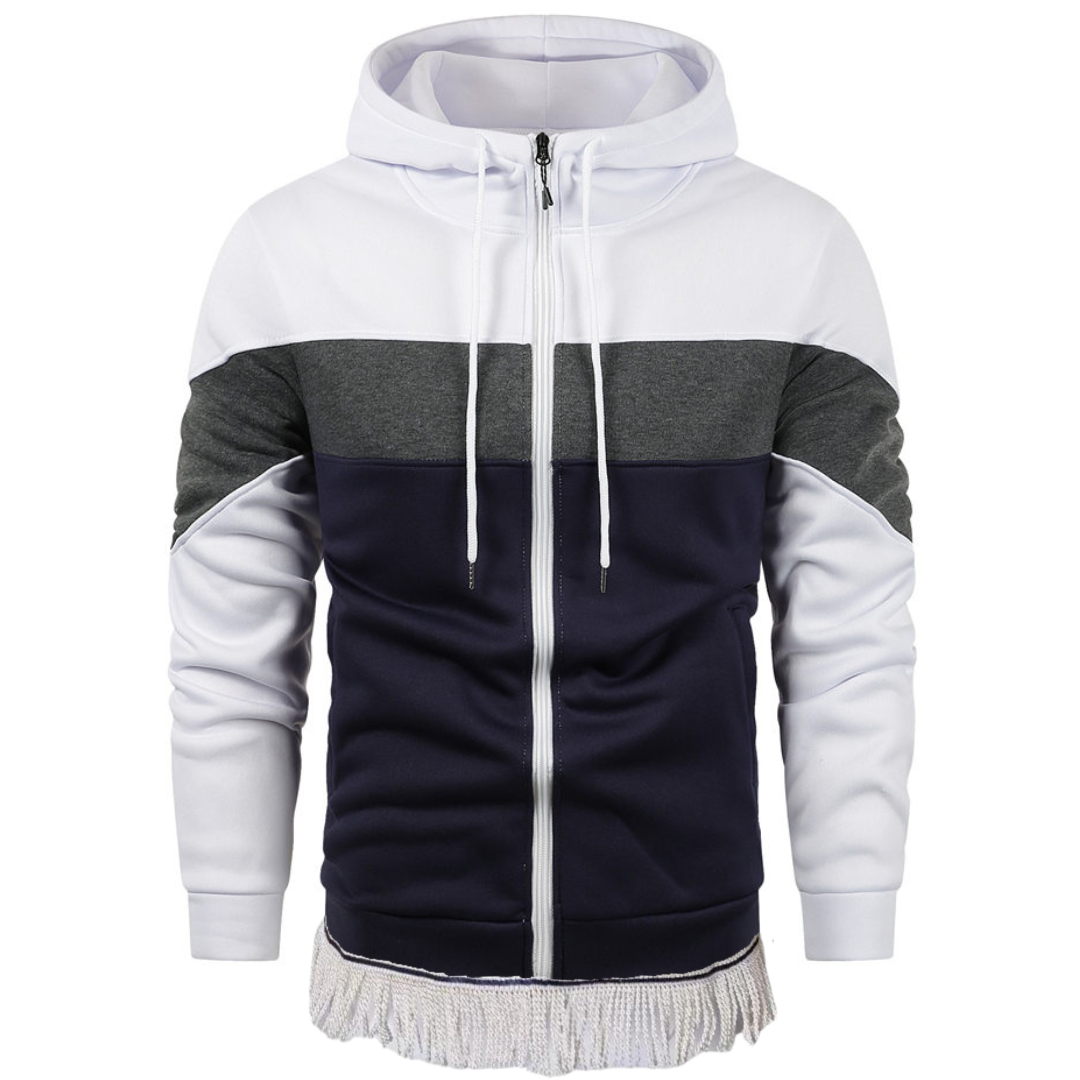 Men's Patchwork Zipper Hoodie with Fringes