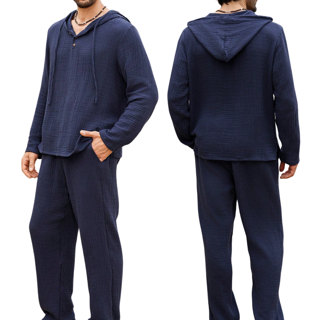 Men's 100% Cotton Navy Hooded Top and Pants Set