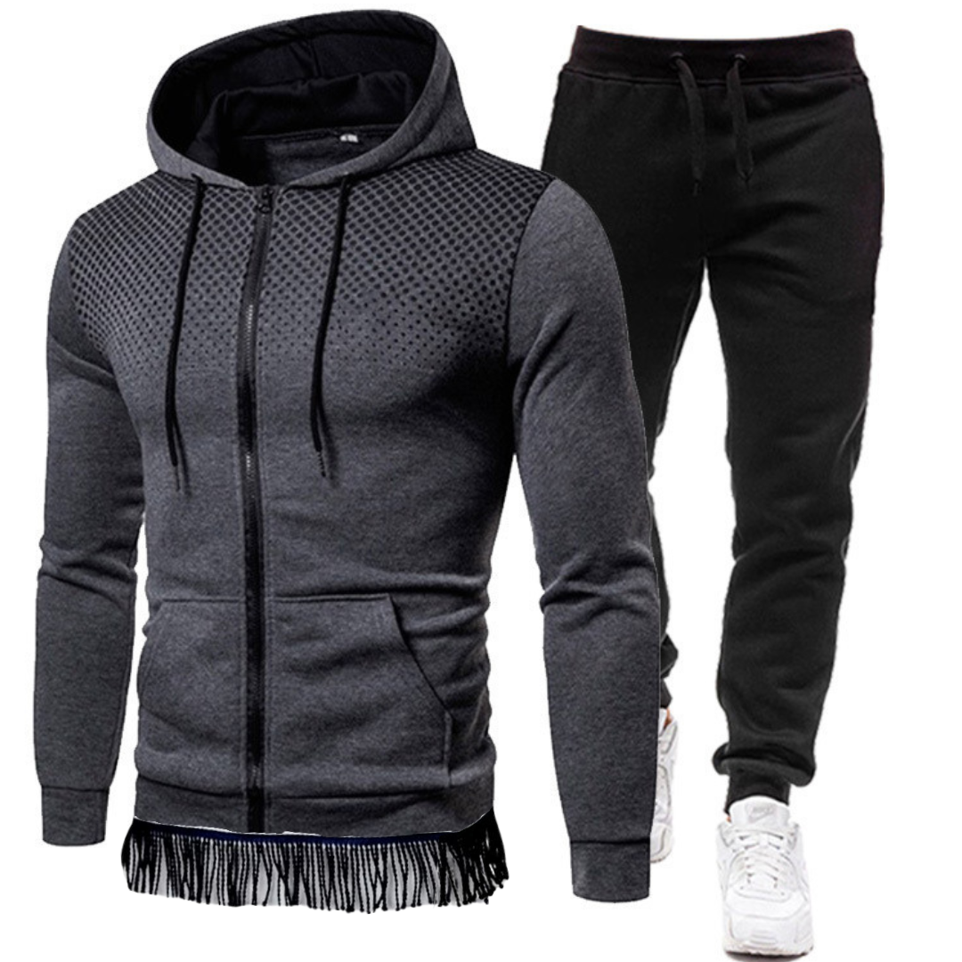 Men's Zipper Hoodie and Sweatpants Set with Fringes