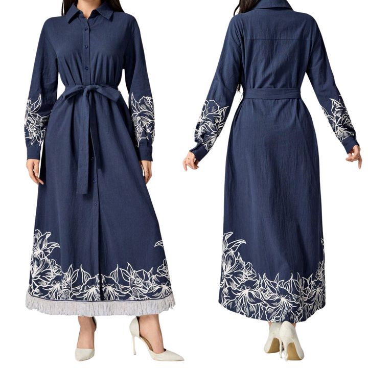 Navy Floral Print Maxi Cotton Shirt Dress