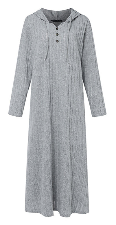 V Neck Knitted Button Front Hooded Dress