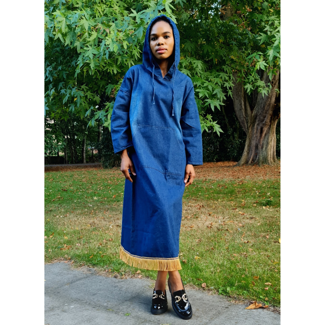 Hooded Denim Midi Dress with Gold Bullion Fringe