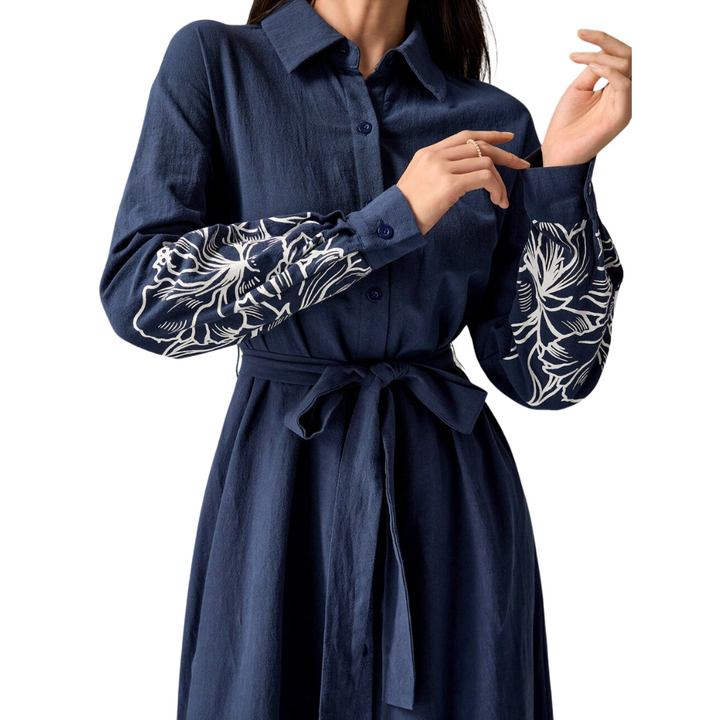 Navy Floral Print Maxi Cotton Shirt Dress