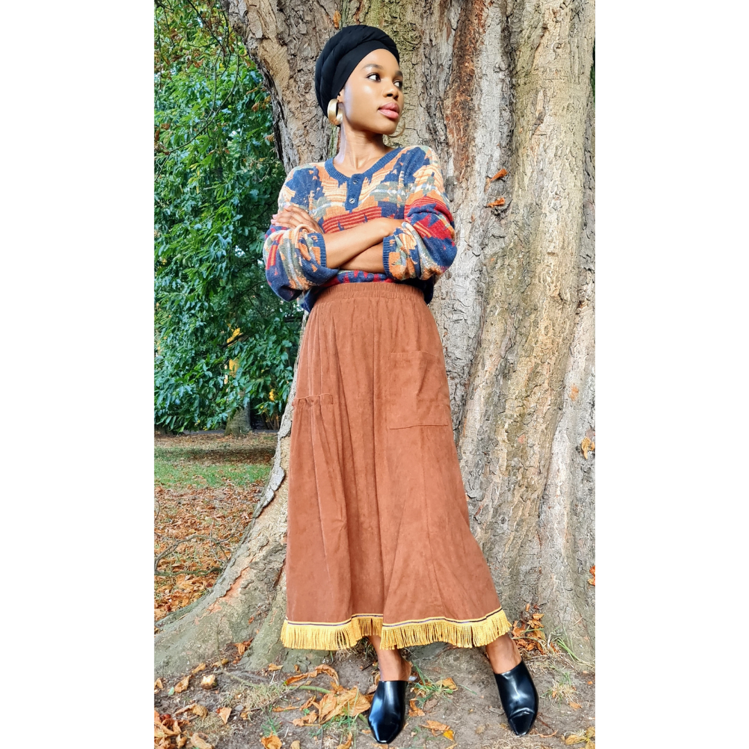 Corduroy Ruffle PreFringed Maxi Skirt