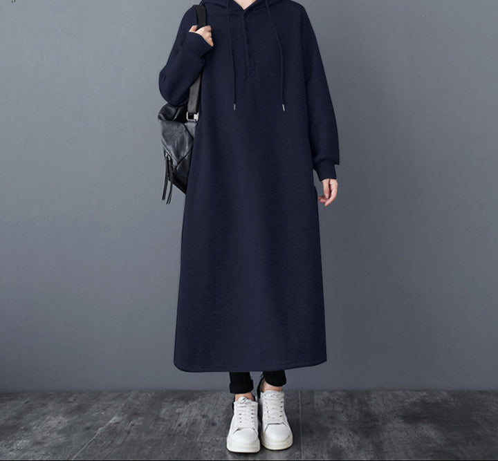 Button Front Hooded Sweatshirt Dress with Pockets