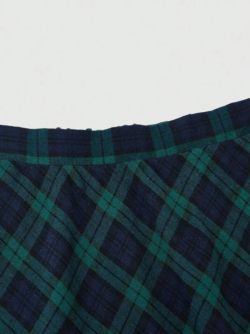 Green Elastic Waist Plaid Midi Skirt