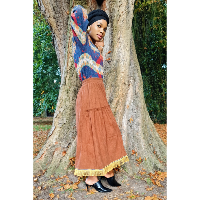 Corduroy Elastic Waist Ruffle Maxi Skirt