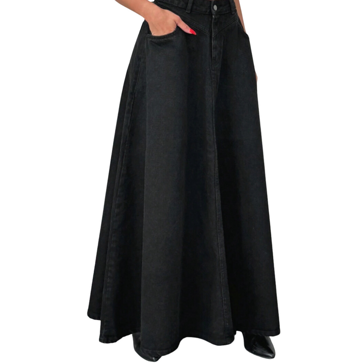 100% Cotton Denim Flare Maxi Skirt with Pockets