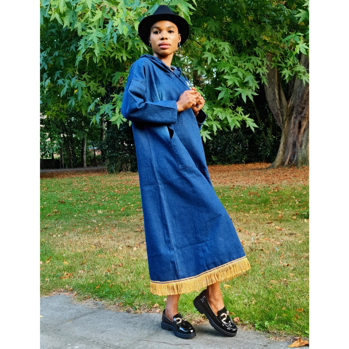 Hooded Denim Midi Dress with Gold Bullion Fringe