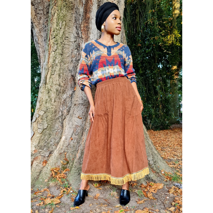 Corduroy Ruffle PreFringed Maxi Skirt