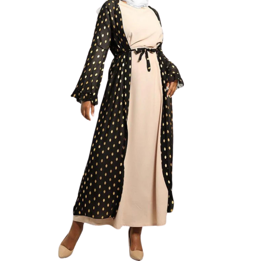 Gold Bokeh Print Chiffon Open Abaya