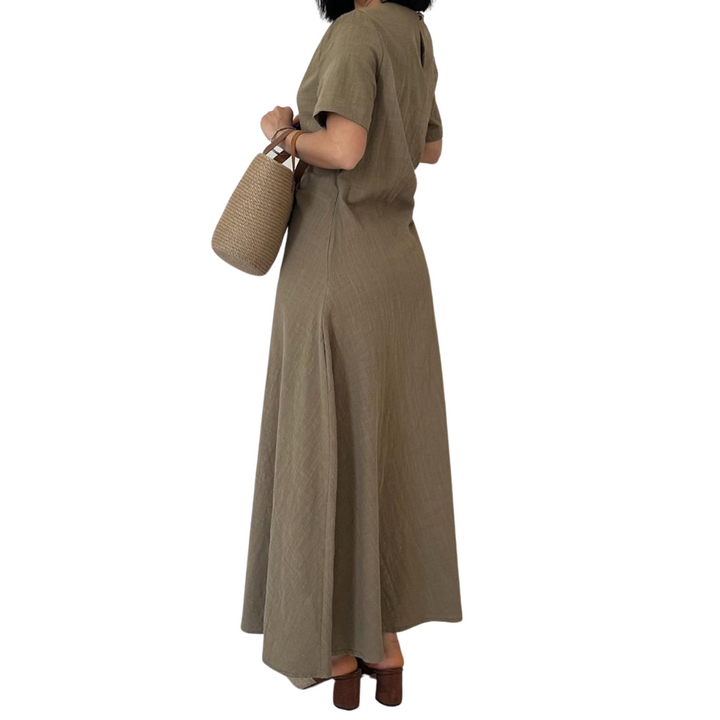 100% Cotton Pleated Crew Neck Maxi Dress