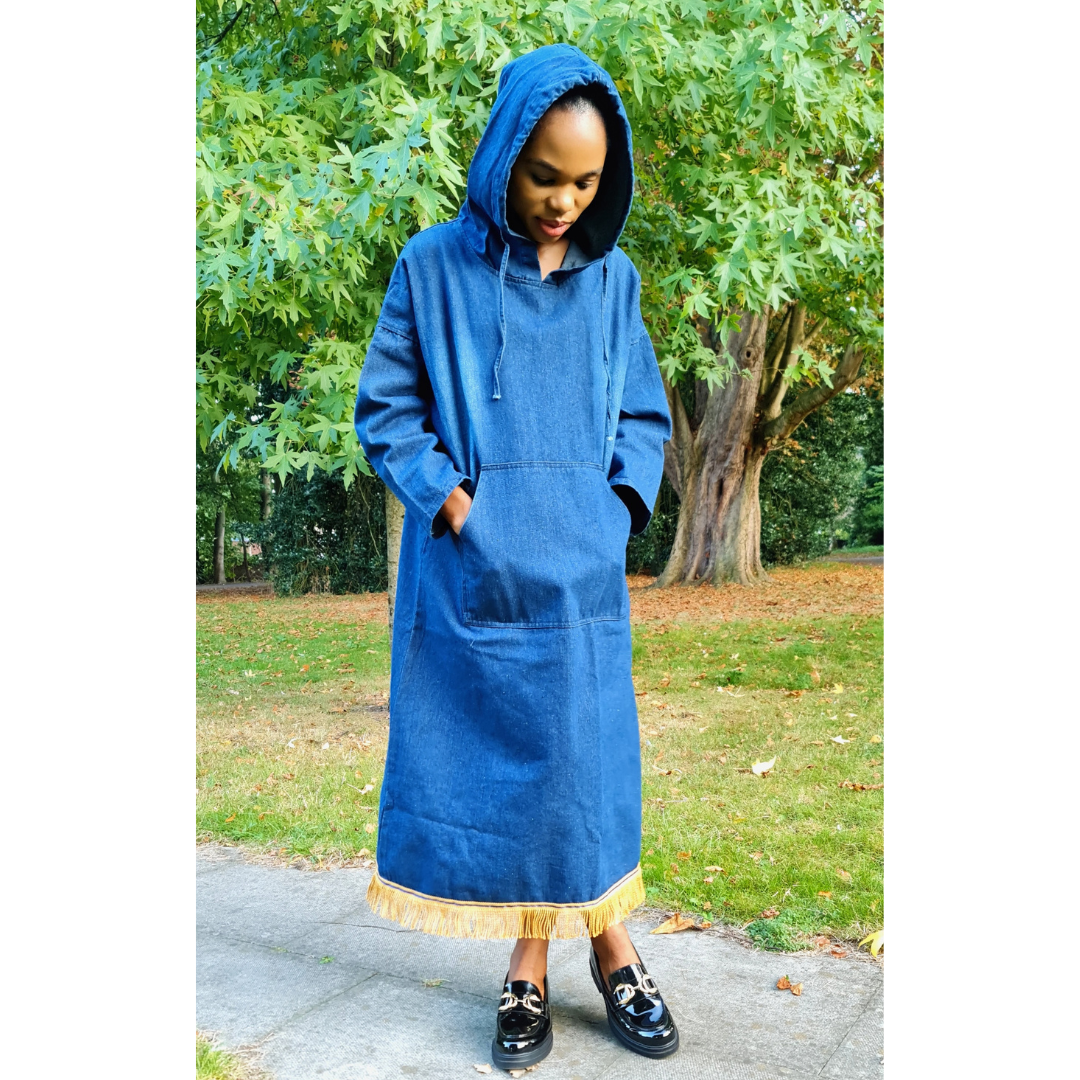 Hooded Denim Midi Dress with Gold Bullion Fringe