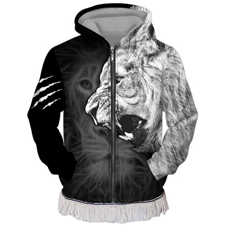 Lion Grayscale Print Zipper Tracksuit Top