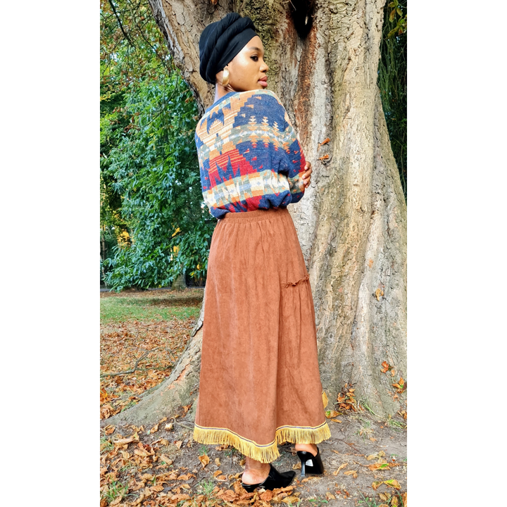 Corduroy Ruffle PreFringed Maxi Skirt