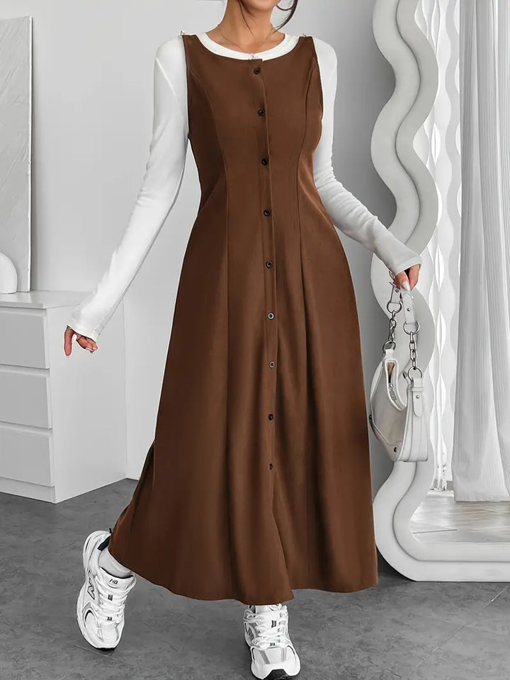 Sleeveless Corduroy Button Down Front Maxi Dress