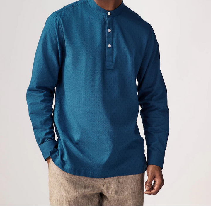 Men’s Premium 100% Cotton Textured Long Sleeve Feast Day Shirt with Fringes