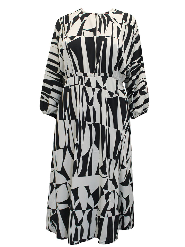 Black & White Mono Print Balloon Sleeve Tea Dress