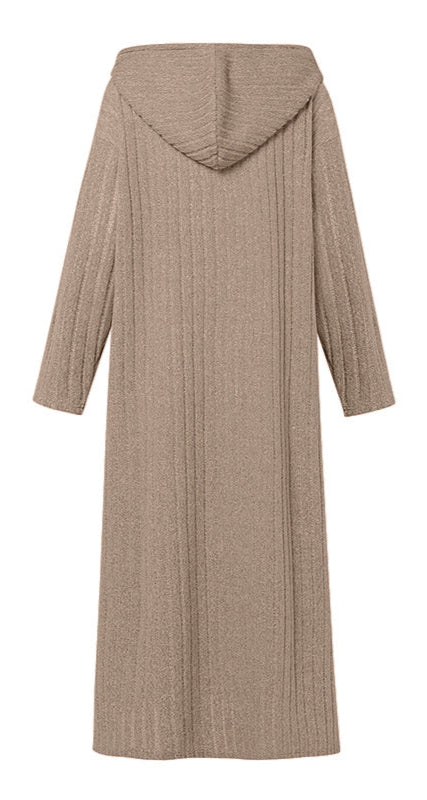 V Neck Knitted Button Front Hooded Dress