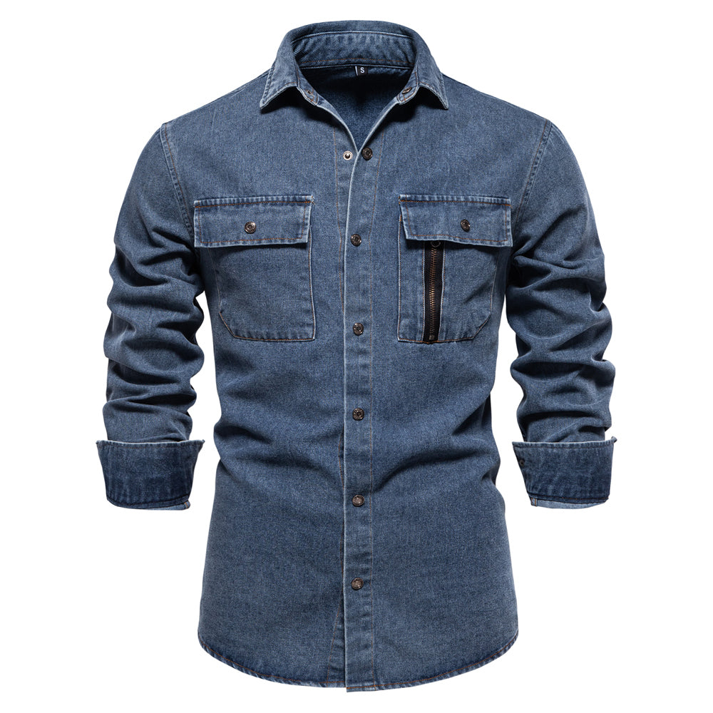 Men's Long Sleeve Denim Shirt with Fringes