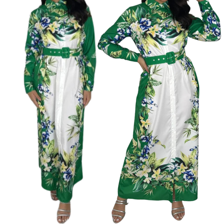 Green Floral Print Belted A Line Dress