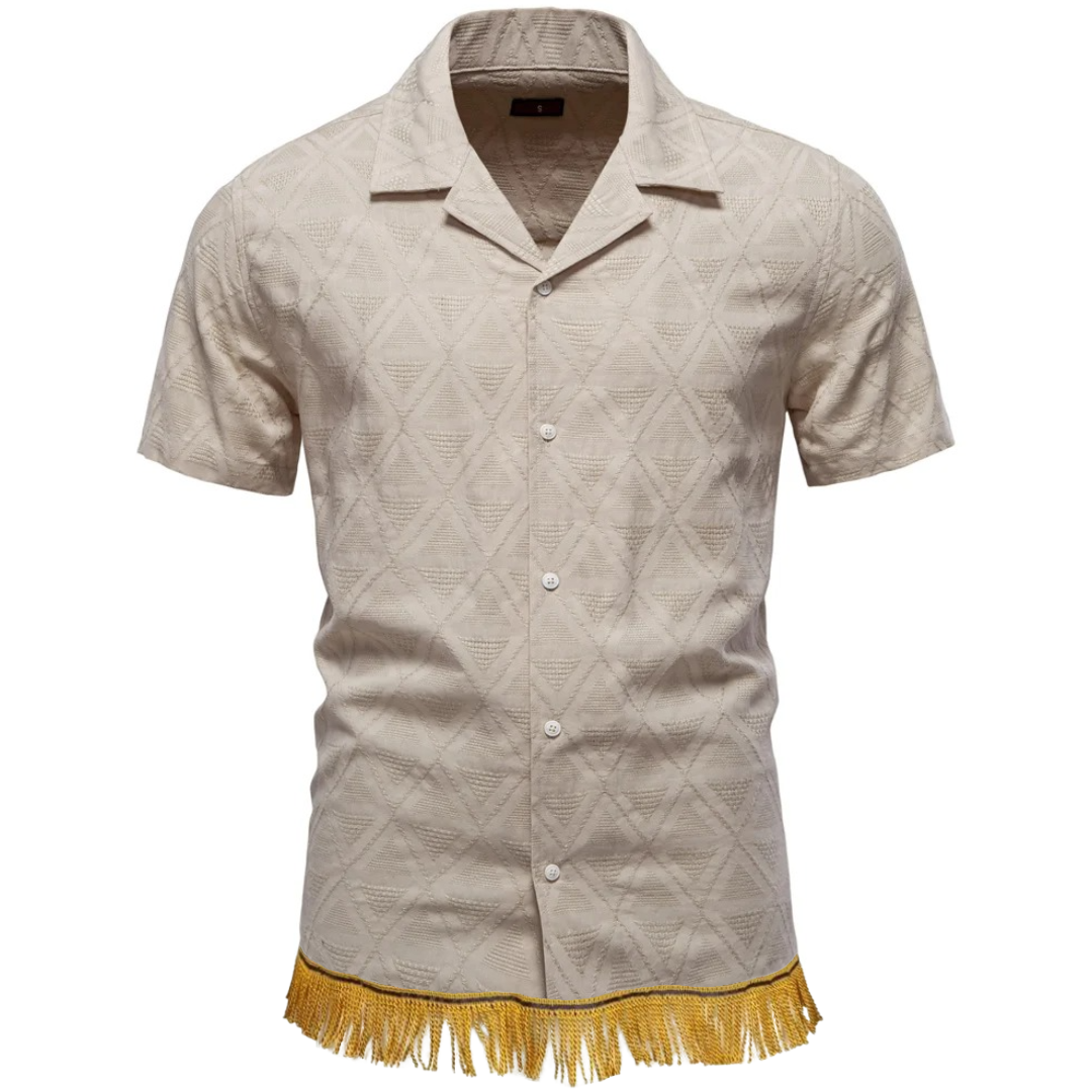 100% Cotton Textured Short Sleeve Button Down Shirt with Fringes