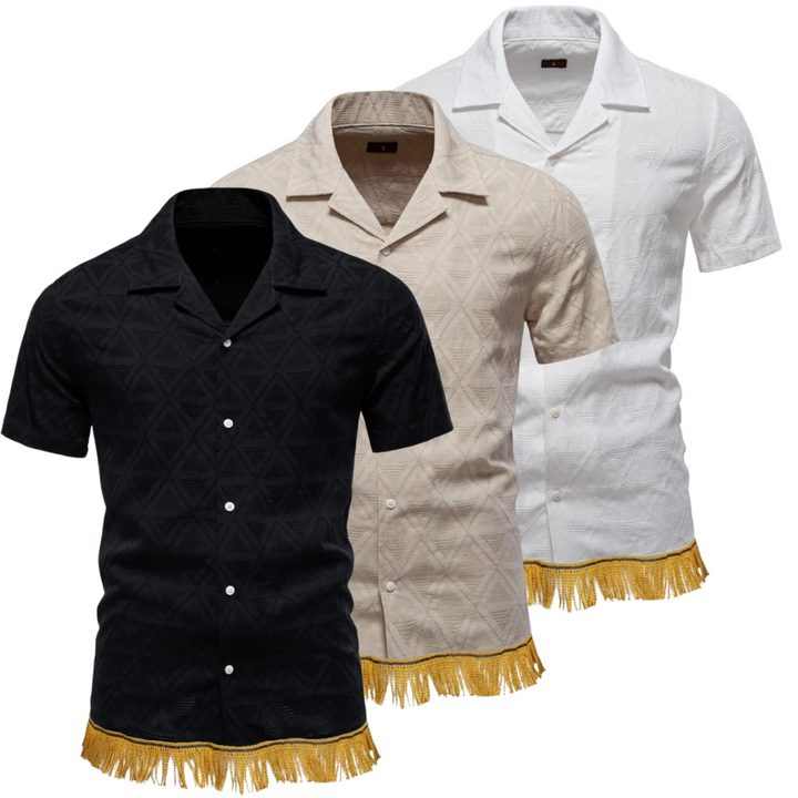 100% Cotton Textured Short Sleeve Button Down Shirt with Fringes