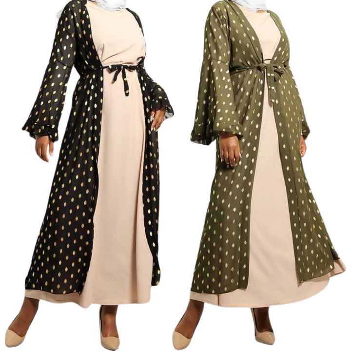 Gold Bokeh Print Chiffon Open Abaya