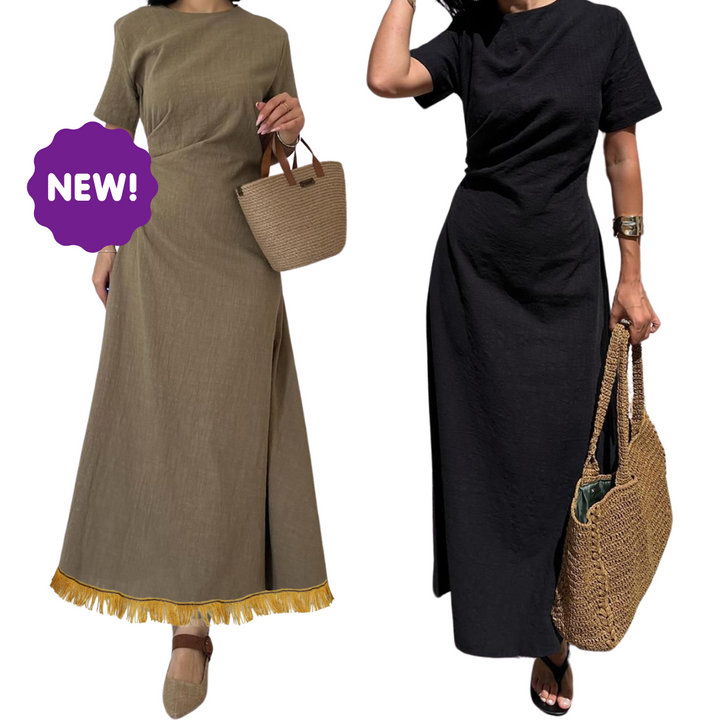 100% Cotton Pleated Crew Neck Maxi Dress