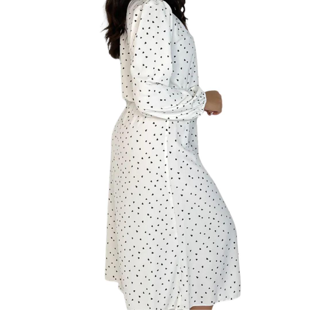 White Tie Up Neck Chiffon Heart Print Midi Dress