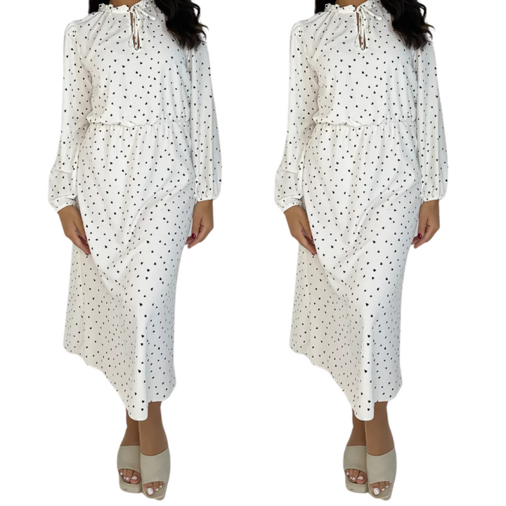 White Tie Up Neck Chiffon Heart Print Midi Dress