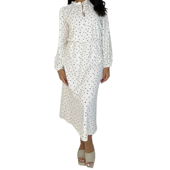 White Tie Up Neck Chiffon Heart Print Midi Dress