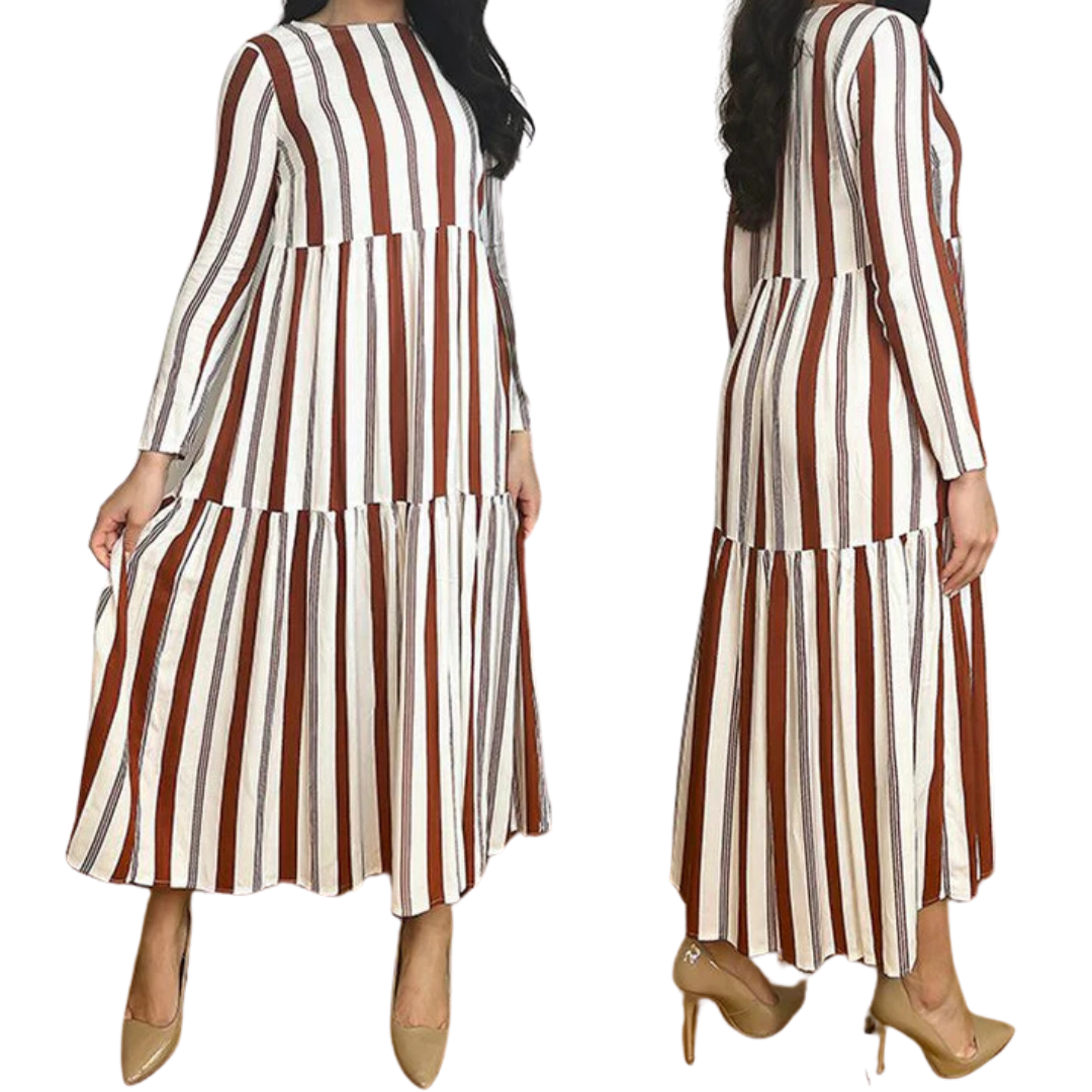 Long Sleeve Brick Stripe Tiered Midi Dress