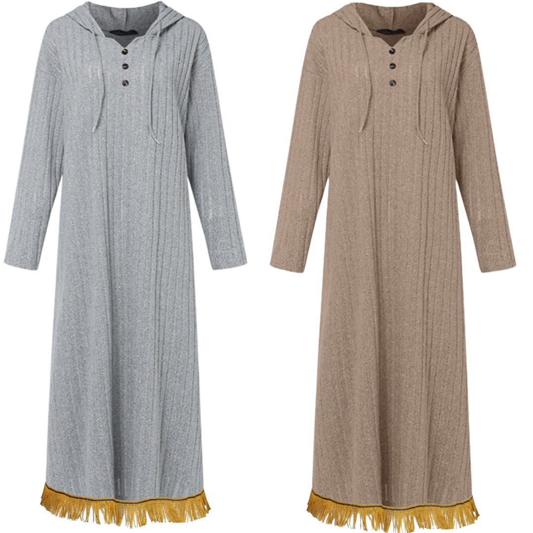 V Neck Knitted Button Front Hooded Dress