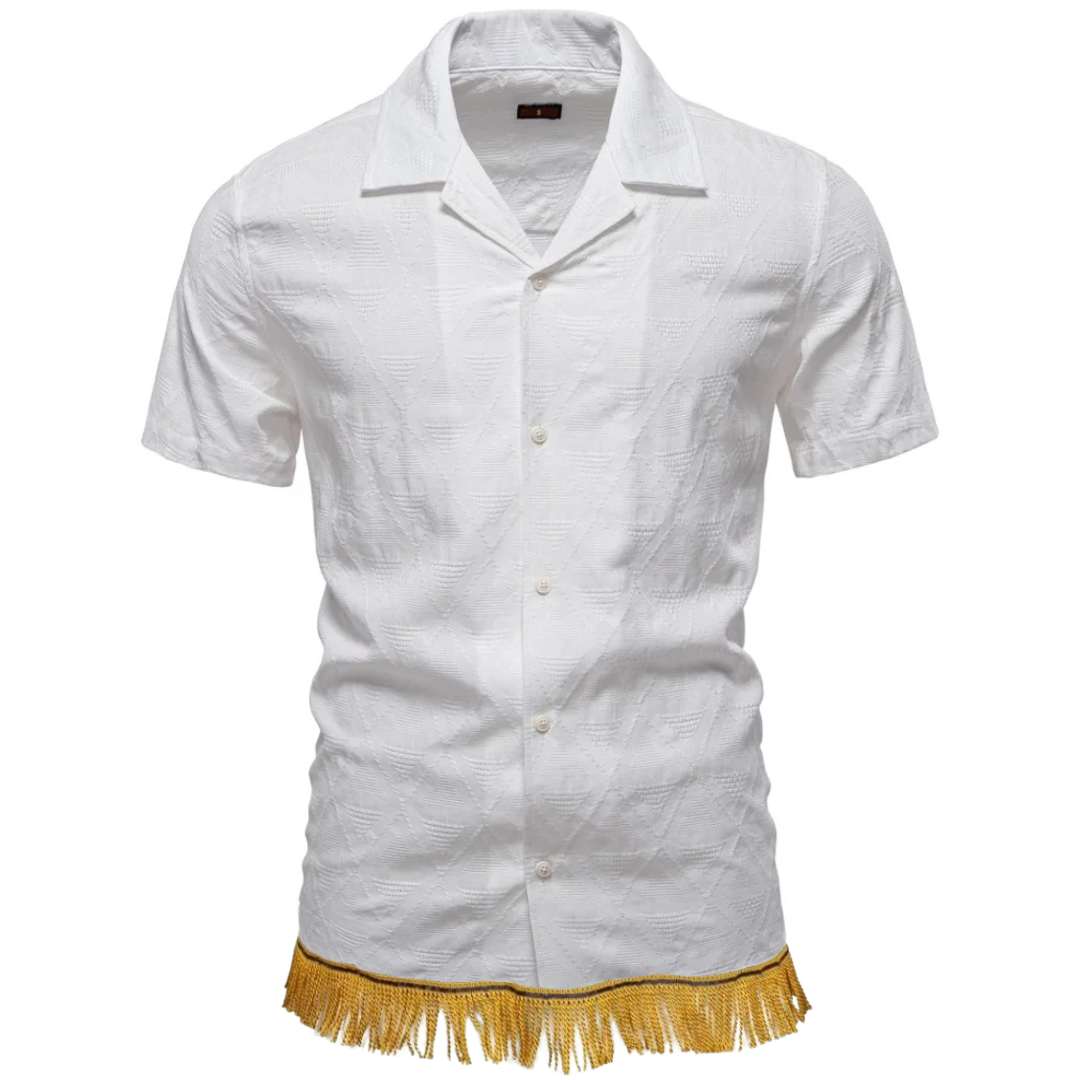 100% Cotton Textured Short Sleeve Button Down Shirt with Fringes