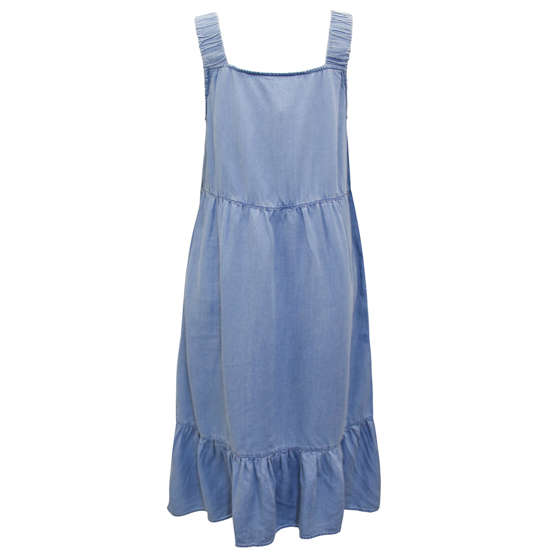 Soft Denim Square Neck Midi Dress with Pockets