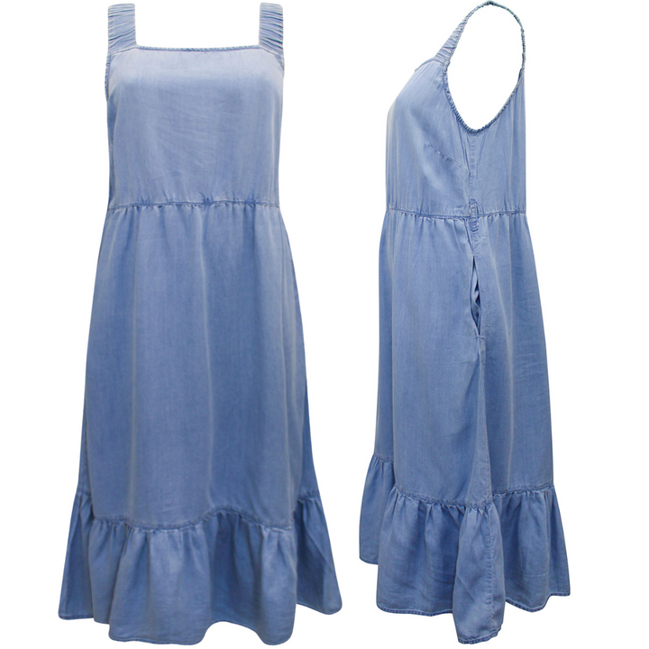 Soft Denim Square Neck Midi Dress with Pockets