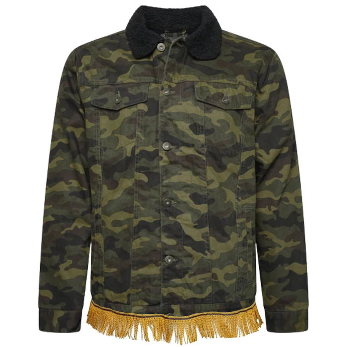 Camo Fleece Lined Denim Jacket with Fringes