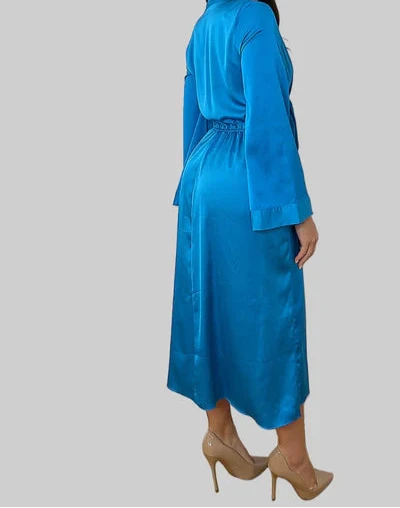 Blue Satin V-Neck Tie Waist Shirt Dress