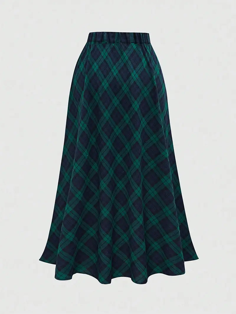 Green Elastic Waist Plaid Midi Skirt