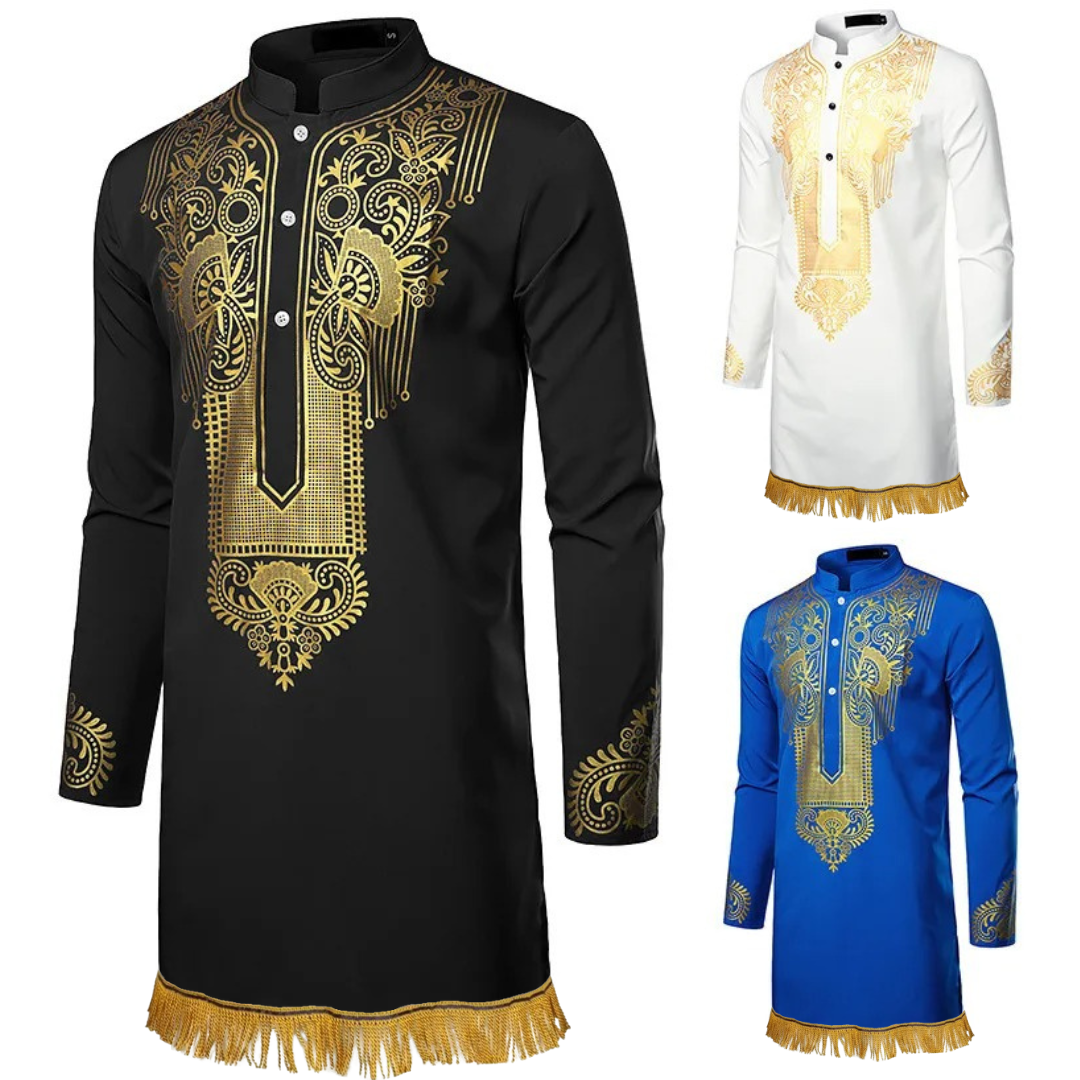 Gold Print Dashiki Shirt with Gold Bullion Fringes