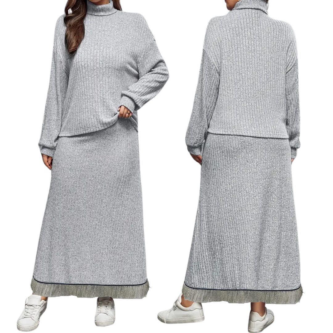 Knitted Stand Collar Long Sleeve Top with Skirt Set