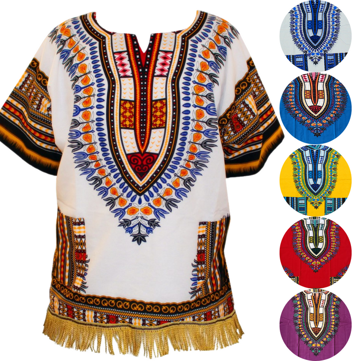 100% Cotton Tribal Print Dashiki Shirt with Fringes