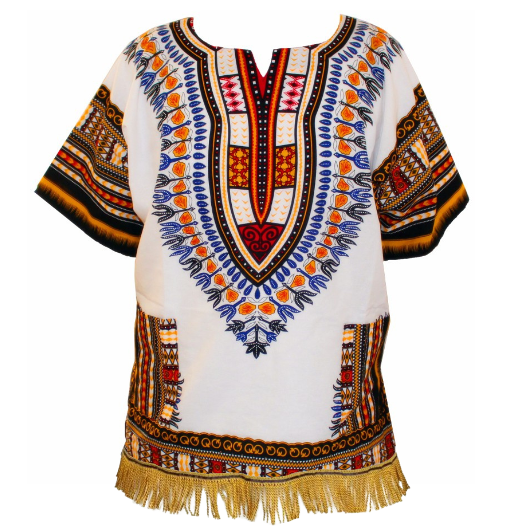 100% Cotton Tribal Print Dashiki Shirt with Fringes