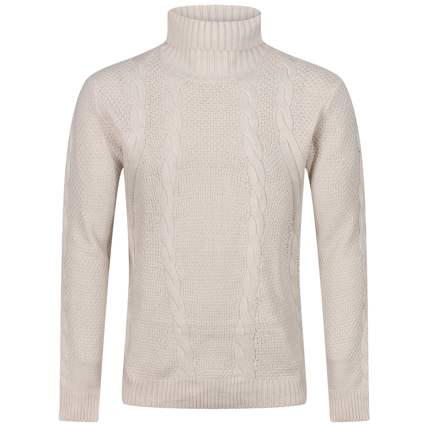 Men's Roll Neck Cable Knit Sweater with Fringes